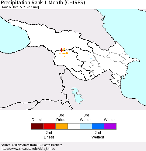 Azerbaijan, Armenia and Georgia Precipitation Rank since 1981, 1-Month (CHIRPS) Thematic Map For 11/6/2022 - 12/5/2022