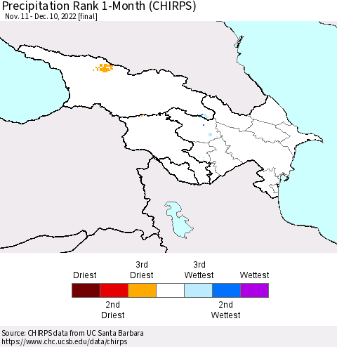 Azerbaijan, Armenia and Georgia Precipitation Rank since 1981, 1-Month (CHIRPS) Thematic Map For 11/11/2022 - 12/10/2022