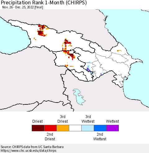 Azerbaijan, Armenia and Georgia Precipitation Rank since 1981, 1-Month (CHIRPS) Thematic Map For 11/26/2022 - 12/25/2022