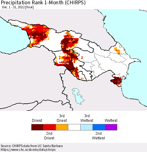 Azerbaijan, Armenia and Georgia Precipitation Rank since 1981, 1-Month (CHIRPS) Thematic Map For 12/1/2022 - 12/31/2022