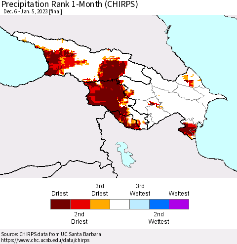 Azerbaijan, Armenia and Georgia Precipitation Rank since 1981, 1-Month (CHIRPS) Thematic Map For 12/6/2022 - 1/5/2023