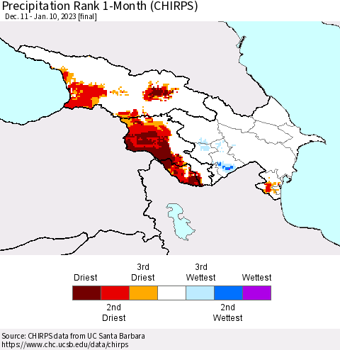 Azerbaijan, Armenia and Georgia Precipitation Rank since 1981, 1-Month (CHIRPS) Thematic Map For 12/11/2022 - 1/10/2023