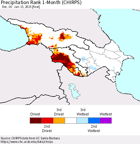 Azerbaijan, Armenia and Georgia Precipitation Rank since 1981, 1-Month (CHIRPS) Thematic Map For 12/16/2022 - 1/15/2023