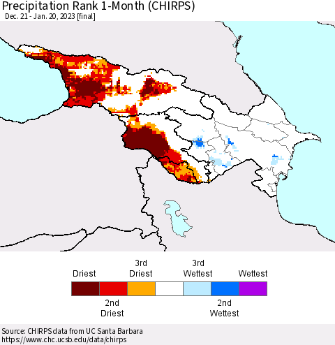 Azerbaijan, Armenia and Georgia Precipitation Rank since 1981, 1-Month (CHIRPS) Thematic Map For 12/21/2022 - 1/20/2023