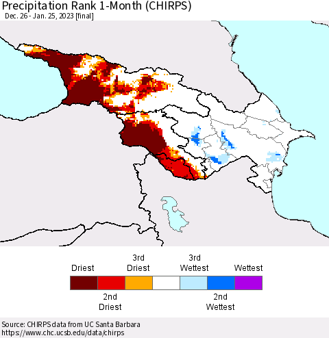 Azerbaijan, Armenia and Georgia Precipitation Rank since 1981, 1-Month (CHIRPS) Thematic Map For 12/26/2022 - 1/25/2023