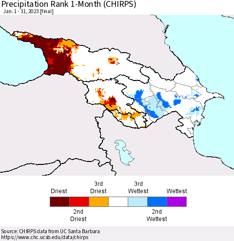 Azerbaijan, Armenia and Georgia Precipitation Rank since 1981, 1-Month (CHIRPS) Thematic Map For 1/1/2023 - 1/31/2023