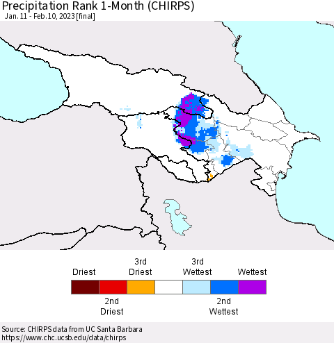 Azerbaijan, Armenia and Georgia Precipitation Rank since 1981, 1-Month (CHIRPS) Thematic Map For 1/11/2023 - 2/10/2023