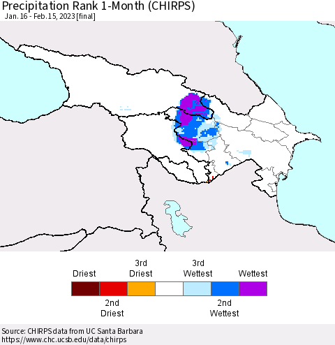 Azerbaijan, Armenia and Georgia Precipitation Rank since 1981, 1-Month (CHIRPS) Thematic Map For 1/16/2023 - 2/15/2023