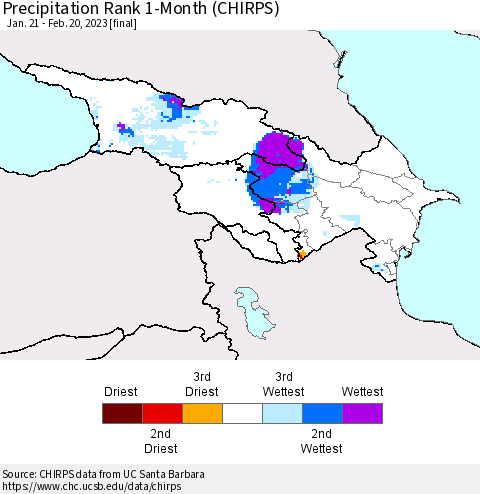 Azerbaijan, Armenia and Georgia Precipitation Rank since 1981, 1-Month (CHIRPS) Thematic Map For 1/21/2023 - 2/20/2023