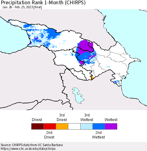 Azerbaijan, Armenia and Georgia Precipitation Rank since 1981, 1-Month (CHIRPS) Thematic Map For 1/26/2023 - 2/25/2023