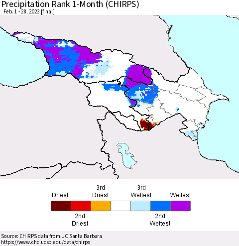 Azerbaijan, Armenia and Georgia Precipitation Rank since 1981, 1-Month (CHIRPS) Thematic Map For 2/1/2023 - 2/28/2023