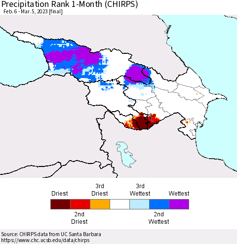 Azerbaijan, Armenia and Georgia Precipitation Rank since 1981, 1-Month (CHIRPS) Thematic Map For 2/6/2023 - 3/5/2023
