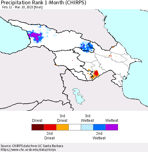 Azerbaijan, Armenia and Georgia Precipitation Rank since 1981, 1-Month (CHIRPS) Thematic Map For 2/11/2023 - 3/10/2023