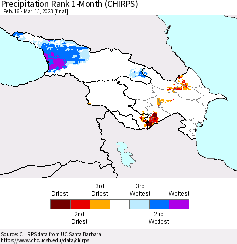 Azerbaijan, Armenia and Georgia Precipitation Rank since 1981, 1-Month (CHIRPS) Thematic Map For 2/16/2023 - 3/15/2023