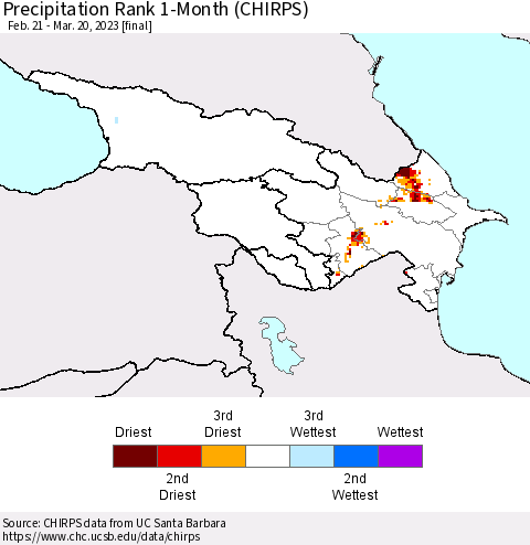 Azerbaijan, Armenia and Georgia Precipitation Rank since 1981, 1-Month (CHIRPS) Thematic Map For 2/21/2023 - 3/20/2023
