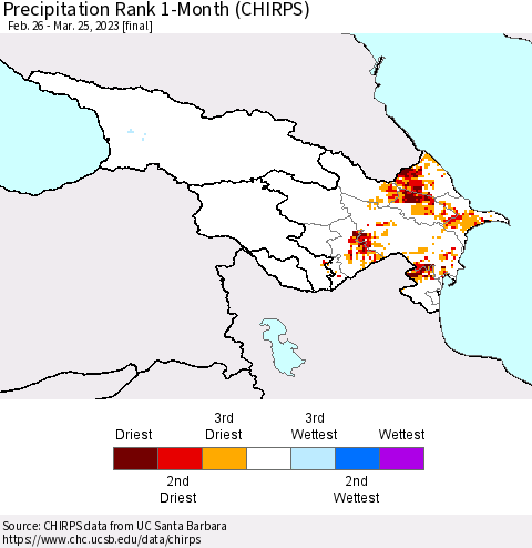 Azerbaijan, Armenia and Georgia Precipitation Rank since 1981, 1-Month (CHIRPS) Thematic Map For 2/26/2023 - 3/25/2023
