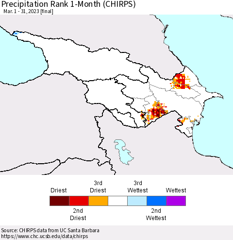 Azerbaijan, Armenia and Georgia Precipitation Rank since 1981, 1-Month (CHIRPS) Thematic Map For 3/1/2023 - 3/31/2023