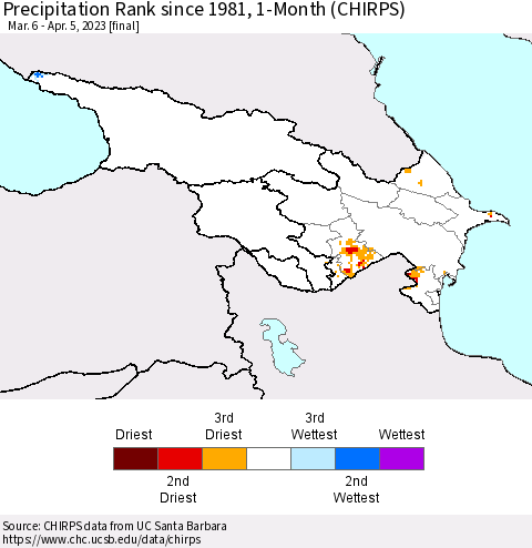 Azerbaijan, Armenia and Georgia Precipitation Rank since 1981, 1-Month (CHIRPS) Thematic Map For 3/6/2023 - 4/5/2023