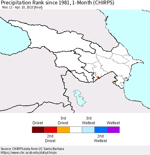 Azerbaijan, Armenia and Georgia Precipitation Rank since 1981, 1-Month (CHIRPS) Thematic Map For 3/11/2023 - 4/10/2023