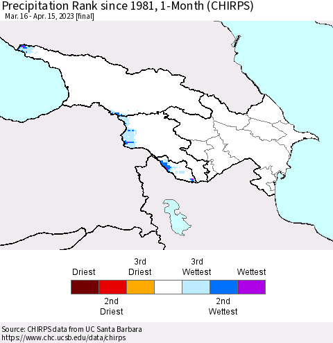Azerbaijan, Armenia and Georgia Precipitation Rank since 1981, 1-Month (CHIRPS) Thematic Map For 3/16/2023 - 4/15/2023