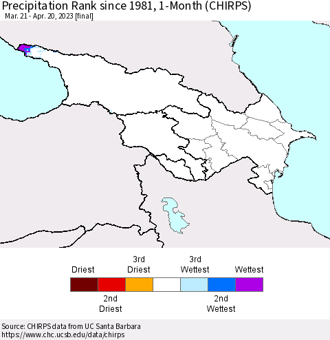 Azerbaijan, Armenia and Georgia Precipitation Rank since 1981, 1-Month (CHIRPS) Thematic Map For 3/21/2023 - 4/20/2023