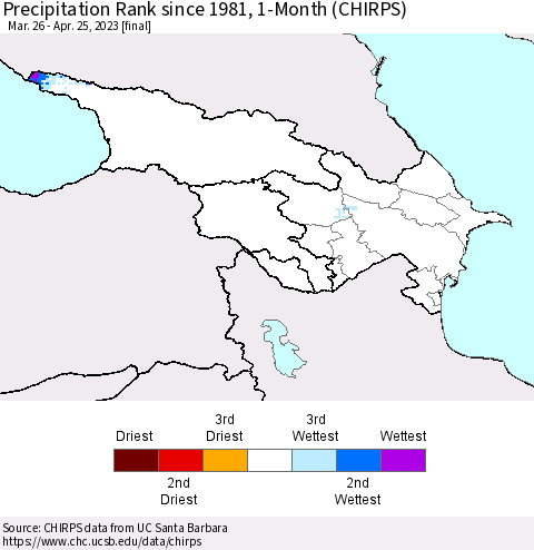 Azerbaijan, Armenia and Georgia Precipitation Rank since 1981, 1-Month (CHIRPS) Thematic Map For 3/26/2023 - 4/25/2023