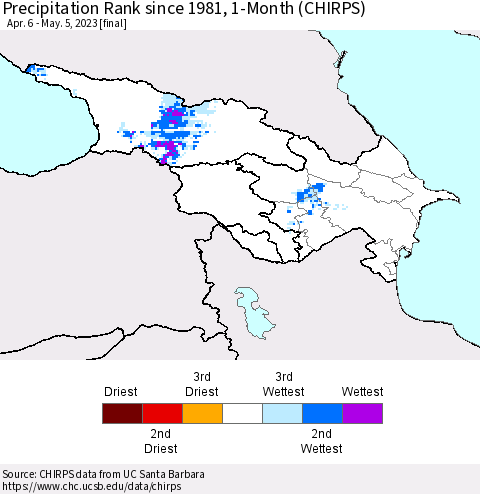 Azerbaijan, Armenia and Georgia Precipitation Rank since 1981, 1-Month (CHIRPS) Thematic Map For 4/6/2023 - 5/5/2023