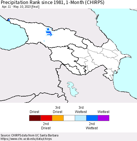 Azerbaijan, Armenia and Georgia Precipitation Rank since 1981, 1-Month (CHIRPS) Thematic Map For 4/11/2023 - 5/10/2023