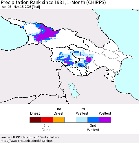 Azerbaijan, Armenia and Georgia Precipitation Rank since 1981, 1-Month (CHIRPS) Thematic Map For 4/16/2023 - 5/15/2023
