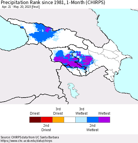Azerbaijan, Armenia and Georgia Precipitation Rank since 1981, 1-Month (CHIRPS) Thematic Map For 4/21/2023 - 5/20/2023