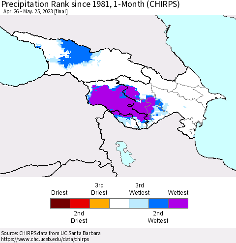 Azerbaijan, Armenia and Georgia Precipitation Rank since 1981, 1-Month (CHIRPS) Thematic Map For 4/26/2023 - 5/25/2023