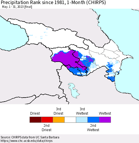 Azerbaijan, Armenia and Georgia Precipitation Rank since 1981, 1-Month (CHIRPS) Thematic Map For 5/1/2023 - 5/31/2023
