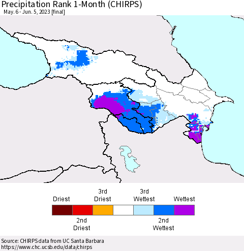 Azerbaijan, Armenia and Georgia Precipitation Rank since 1981, 1-Month (CHIRPS) Thematic Map For 5/6/2023 - 6/5/2023