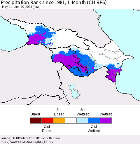 Azerbaijan, Armenia and Georgia Precipitation Rank since 1981, 1-Month (CHIRPS) Thematic Map For 5/11/2023 - 6/10/2023