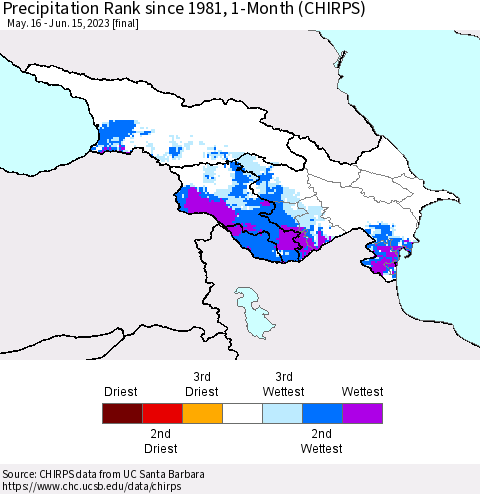 Azerbaijan, Armenia and Georgia Precipitation Rank since 1981, 1-Month (CHIRPS) Thematic Map For 5/16/2023 - 6/15/2023