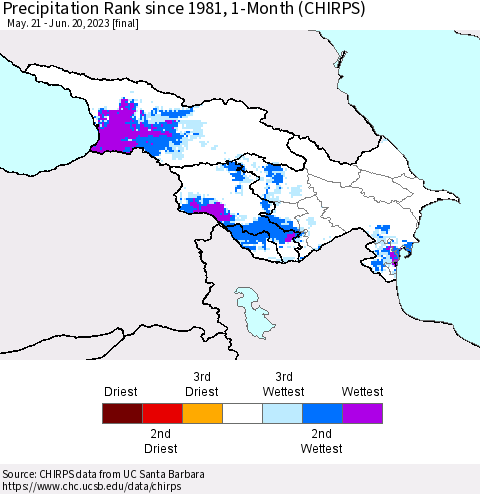Azerbaijan, Armenia and Georgia Precipitation Rank since 1981, 1-Month (CHIRPS) Thematic Map For 5/21/2023 - 6/20/2023