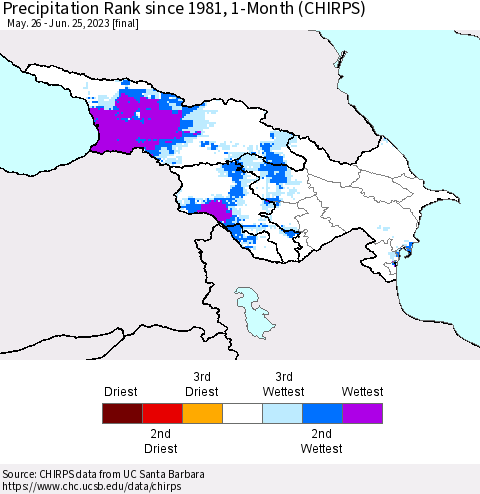 Azerbaijan, Armenia and Georgia Precipitation Rank since 1981, 1-Month (CHIRPS) Thematic Map For 5/26/2023 - 6/25/2023