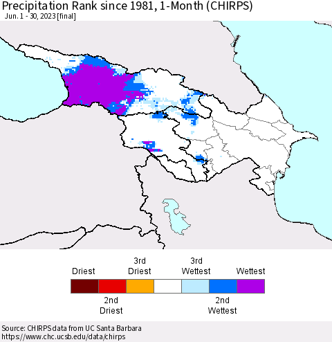 Azerbaijan, Armenia and Georgia Precipitation Rank since 1981, 1-Month (CHIRPS) Thematic Map For 6/1/2023 - 6/30/2023