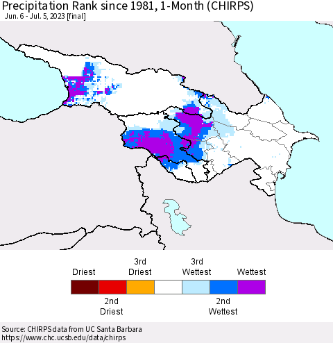 Azerbaijan, Armenia and Georgia Precipitation Rank since 1981, 1-Month (CHIRPS) Thematic Map For 6/6/2023 - 7/5/2023