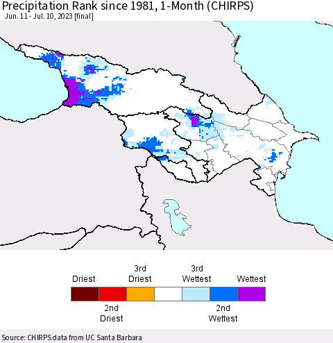 Azerbaijan, Armenia and Georgia Precipitation Rank since 1981, 1-Month (CHIRPS) Thematic Map For 6/11/2023 - 7/10/2023