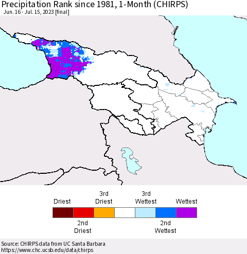 Azerbaijan, Armenia and Georgia Precipitation Rank since 1981, 1-Month (CHIRPS) Thematic Map For 6/16/2023 - 7/15/2023