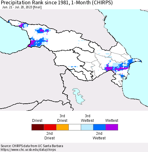 Azerbaijan, Armenia and Georgia Precipitation Rank since 1981, 1-Month (CHIRPS) Thematic Map For 6/21/2023 - 7/20/2023