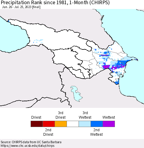 Azerbaijan, Armenia and Georgia Precipitation Rank since 1981, 1-Month (CHIRPS) Thematic Map For 6/26/2023 - 7/25/2023