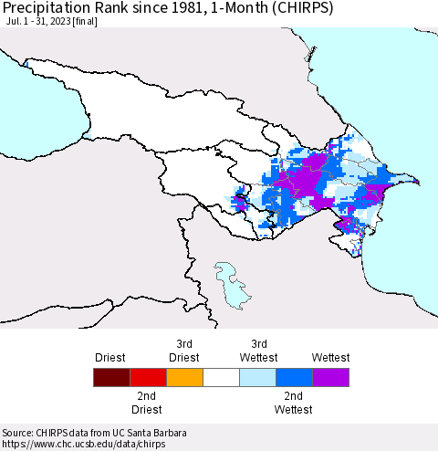 Azerbaijan, Armenia and Georgia Precipitation Rank since 1981, 1-Month (CHIRPS) Thematic Map For 7/1/2023 - 7/31/2023