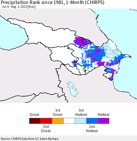 Azerbaijan, Armenia and Georgia Precipitation Rank since 1981, 1-Month (CHIRPS) Thematic Map For 7/6/2023 - 8/5/2023