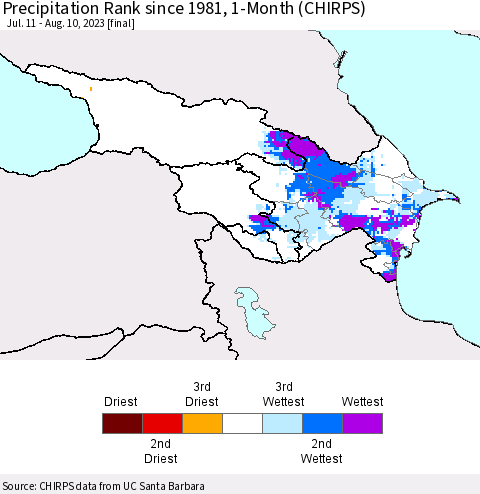 Azerbaijan, Armenia and Georgia Precipitation Rank since 1981, 1-Month (CHIRPS) Thematic Map For 7/11/2023 - 8/10/2023