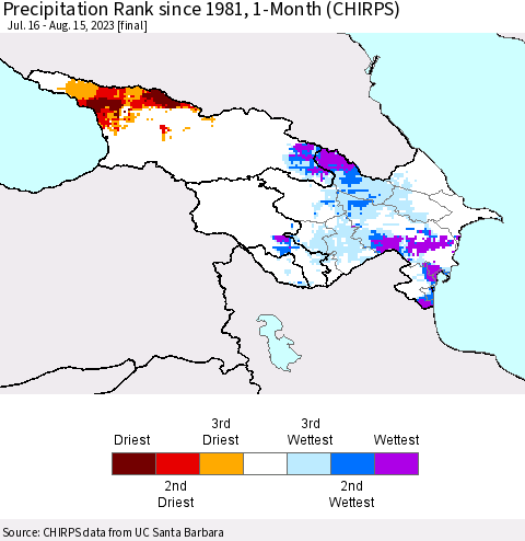 Azerbaijan, Armenia and Georgia Precipitation Rank since 1981, 1-Month (CHIRPS) Thematic Map For 7/16/2023 - 8/15/2023