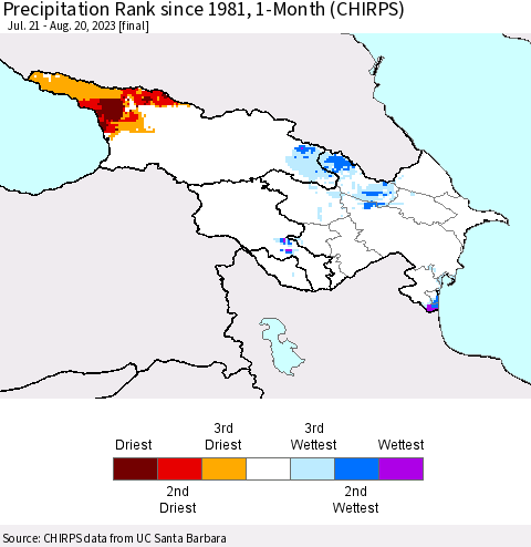Azerbaijan, Armenia and Georgia Precipitation Rank since 1981, 1-Month (CHIRPS) Thematic Map For 7/21/2023 - 8/20/2023