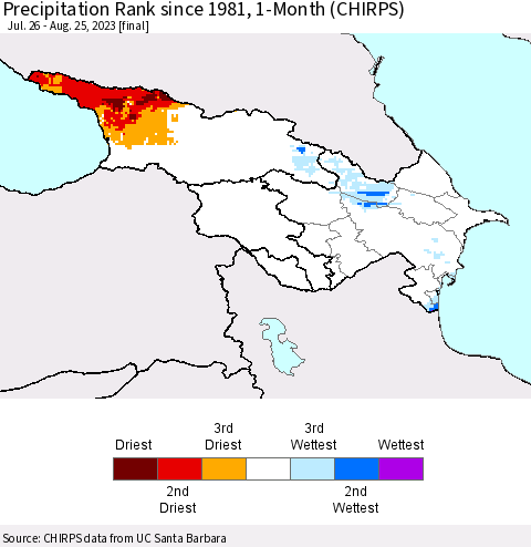 Azerbaijan, Armenia and Georgia Precipitation Rank since 1981, 1-Month (CHIRPS) Thematic Map For 7/26/2023 - 8/25/2023