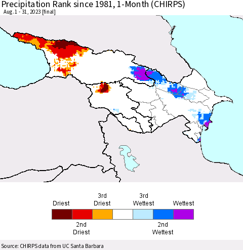 Azerbaijan, Armenia and Georgia Precipitation Rank since 1981, 1-Month (CHIRPS) Thematic Map For 8/1/2023 - 8/31/2023